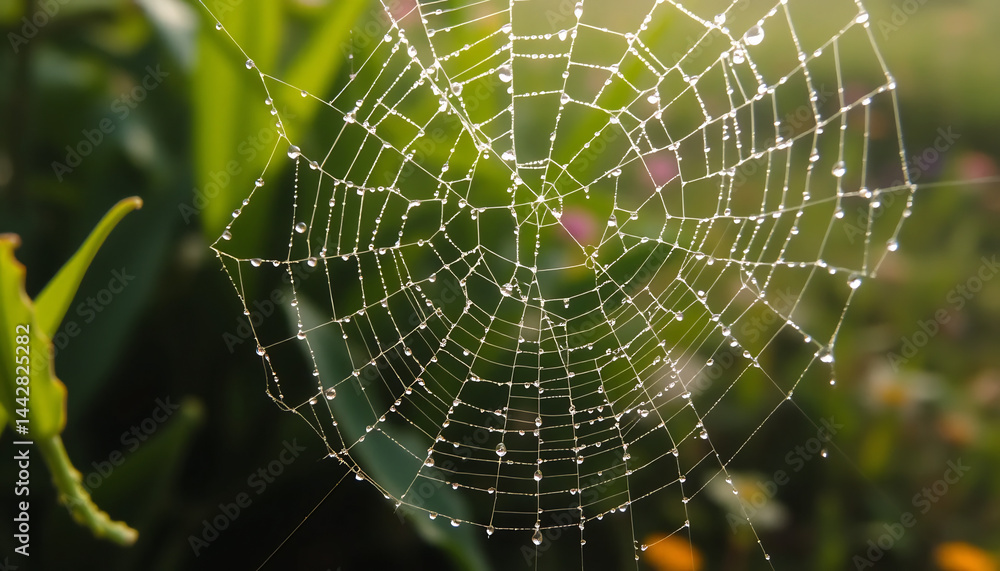 Naklejka premium Close-Up of Dew-Covered Spider Web