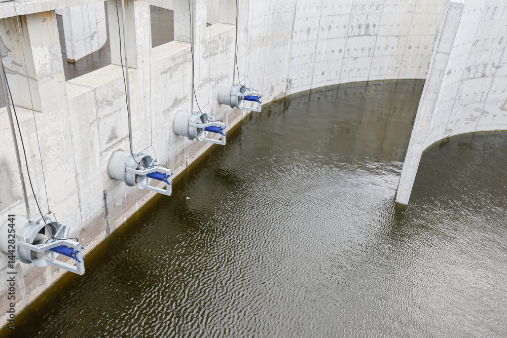 Biological treatment process in aeration basin closeup. Specialized equipment serves for breakdown of organic pollutants by infusion of oxygen