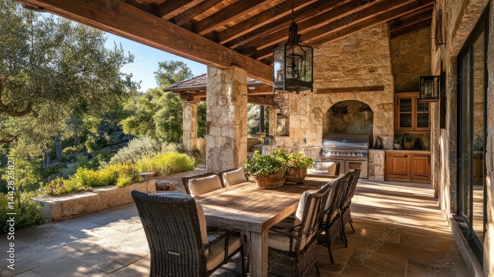 Outdoor Dining Area with Stone Architecture Outdoor Dining Area with Stone Architecture