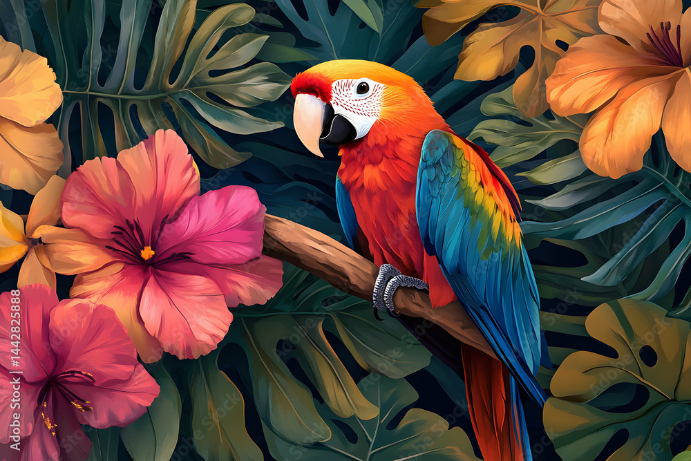 Fototapeta premium Vivid Tropical Scene with Parrot Resting Amidst Blooms