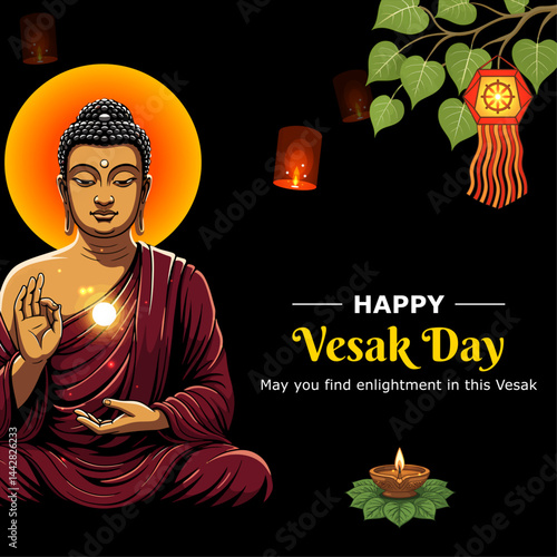Happy Vesak Day Greeting Flyer, Happy Buddha Purnima– Vesak Poya Day Greetings and Wishes -Vector Illustration