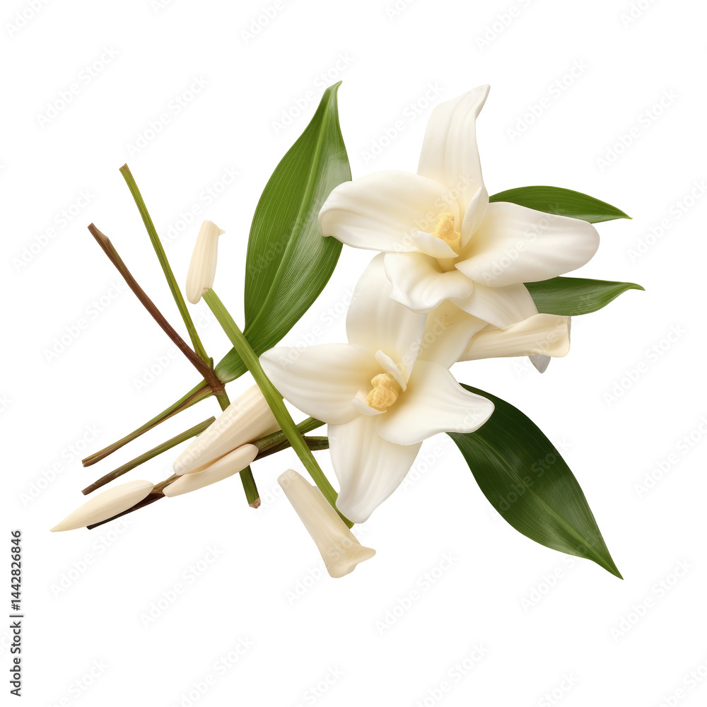 Fototapeta premium Vanilla Blossom with Natural Sticks and Green Foliage
