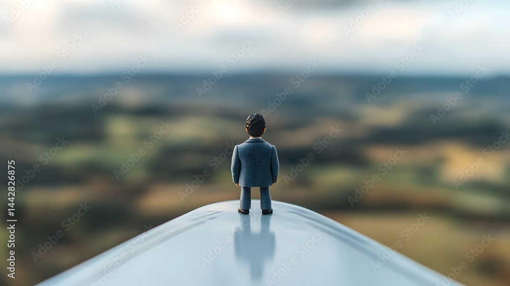 Obraz premium Miniature businessman sitting on the wing of an airplane in a surreal travel and adventure scene