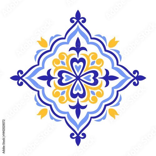 Mediterranean blue and yellow floral motif on white background. Traditional ethnic Portuguese, Moroccan, Spanish ornament, mosaic design. Vector illustration