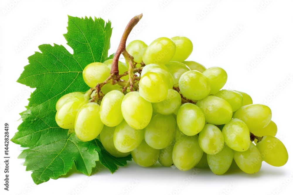 Fresh green grapes displayed with leaves on a clean white background for healthy snacking or culinary use Fresh green grapes displayed with leaves on a clean white background for healthy snacking or culinary use