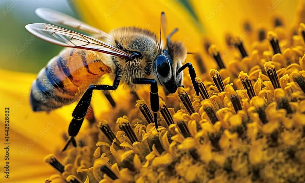 Close-up of a bee collecting pollen from a vibrant sunflower in a sunny garden setting Close-up of a bee collecting pollen from a vibrant sunflower in a sunny garden setting