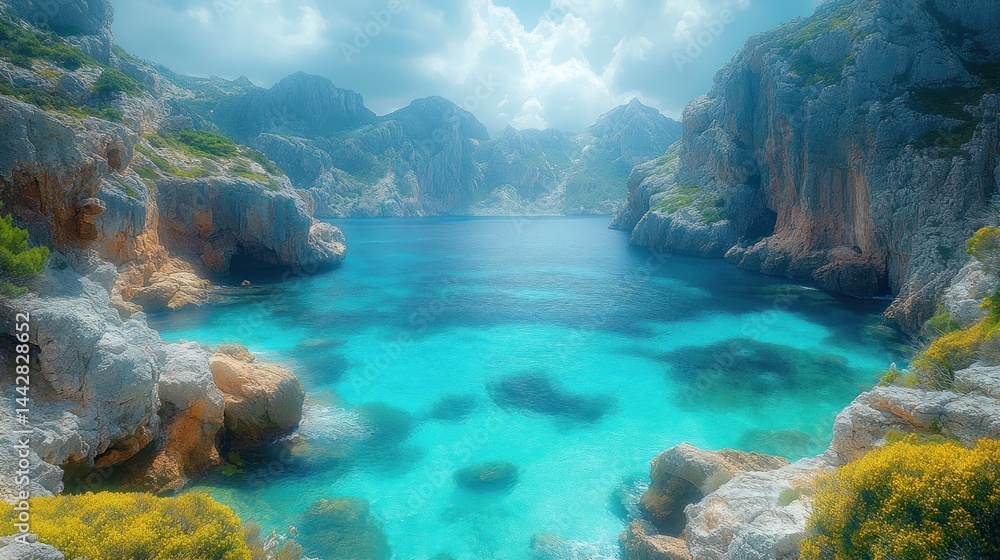 Serene cove with turquoise water, surrounded by dramatic cliffs and lush vegetation under a partly cloudy sky. Serene cove with turquoise water, surrounded by dramatic cliffs and lush vegetation under a partly cloudy sky.