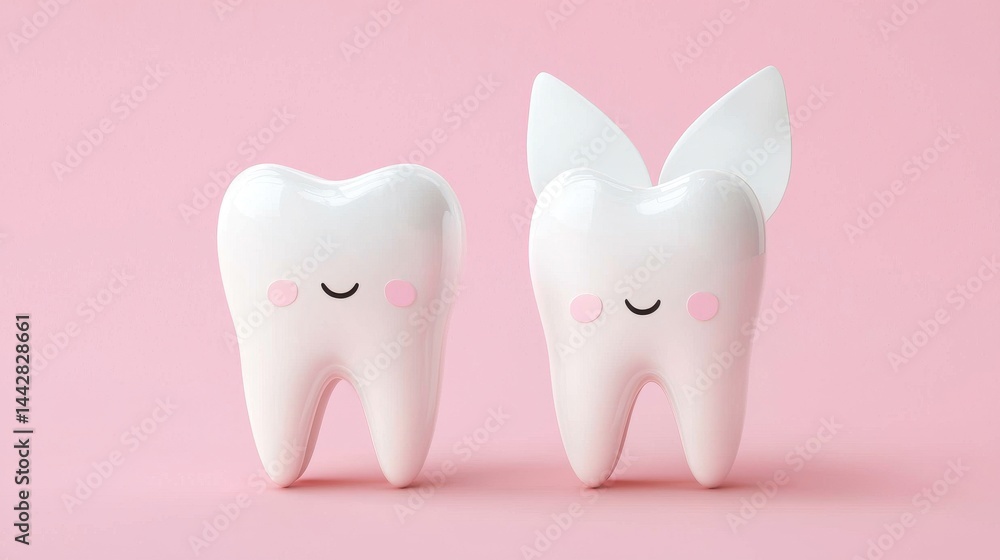 Cute Cartoon Tooth with Smiling Face and Fairy Wings on Pink Background Cute Cartoon Tooth with Smiling Face and Fairy Wings on Pink Background