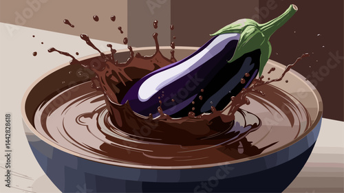 A vibrant vector illustration featuring an eggplant splashing playfully into a bowl of rich chocolate sauce. This artistic representation combines culinary elements with a fun twist.