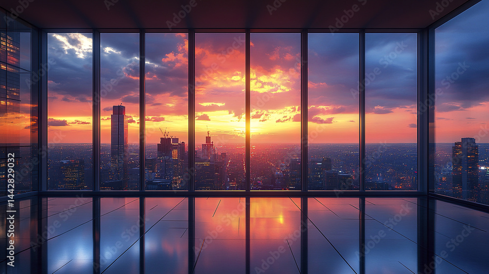 Fototapeta premium stunning city view from high rise office at dusk, showcasing vibrant sunset colors
