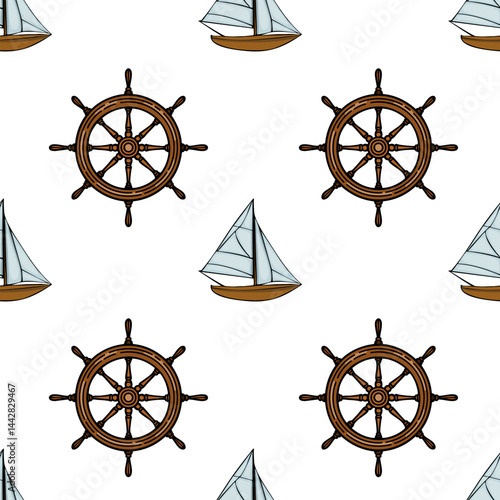 A seamless pattern featuring sailboats and ship wheels on a white background. The sailboats are depicted with light blue sails and brown hulls, while the ship wheels.