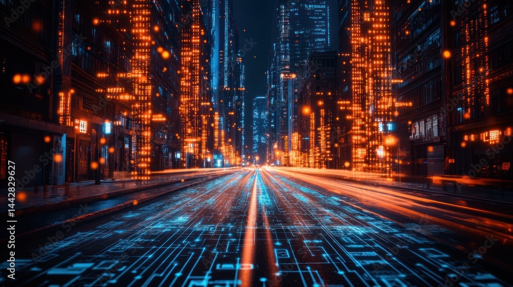 Obraz premium Futuristic city street at night with glowing digital lines on road.