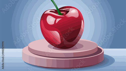 A stunning vector illustration of a glossy red cherry resting on a round pedestal, bathed in soft light. Perfect for food-related designs or fresh marketing visuals.