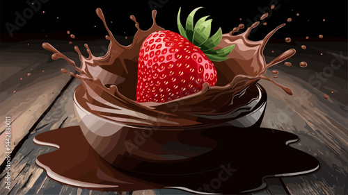 A vibrant vector illustration showcasing a fresh strawberry dipping into a rich chocolate bowl, creating a splash. Ideal for dessert-themed designs or advertising.