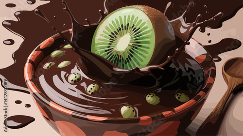 An artistic vector illustration of a bowl filled with rich chocolate sauce, featuring a kiwi splash. Perfect for food, dessert, or gourmet themes.