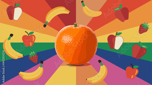 A vibrant vector image featuring an orange at the center, surrounded by bananas, apples, and strawberries. The bright backdrop radiates colors, creating a cheerful and eye-catching design.