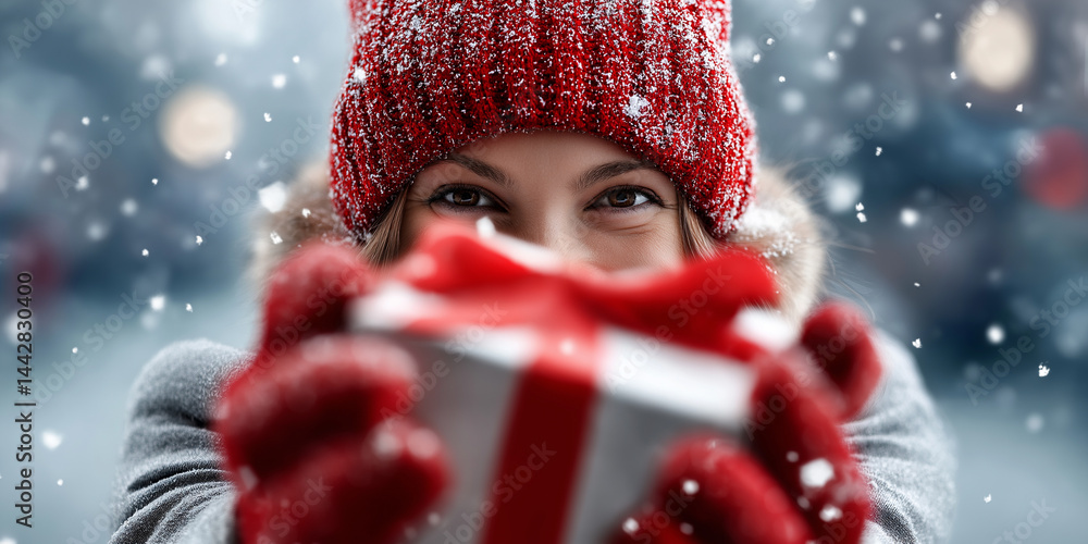 Frau mit roter Mütze und Handschuhen hält ein rotes Weihnachtsgeschenk bei Schneefall