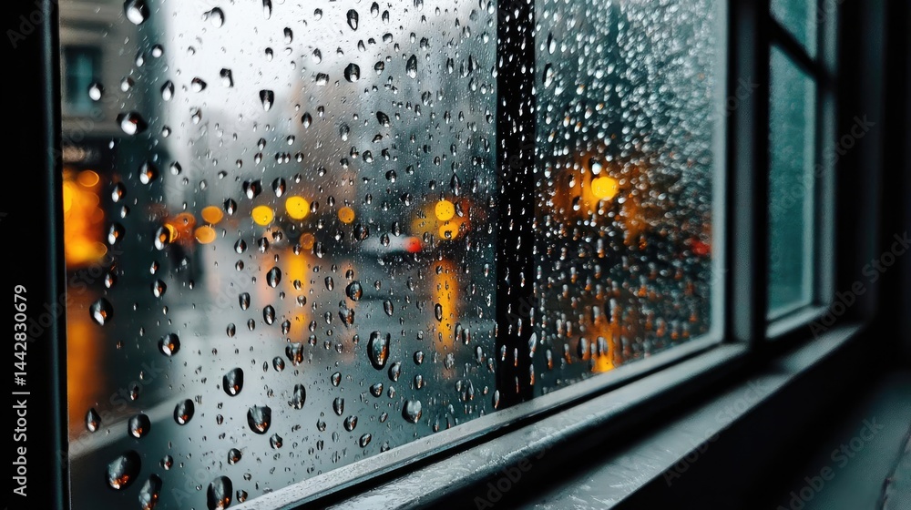 Obraz premium Raindrop on a window across cityscape with layered water texture concept. Raindrops on a window create a soothing atmosphere and view.