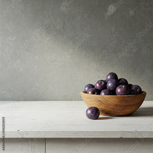 Fresh Juicy Red Plums in Rustic Wooden Bowl on White Wooden Table – High-Resolution Organic Fruit Image for Healthy Eating, Culinary Projects, and Natural Food Concepts