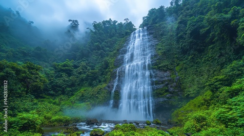 Majestic waterfall cascading down lush green mountainside, enveloped in mist.