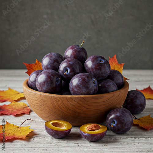 Fresh Juicy Red Plums in Rustic Wooden Bowl on White Wooden Table – High-Resolution Organic Fruit Image for Healthy Eating, Culinary Projects, and Natural Food Concepts