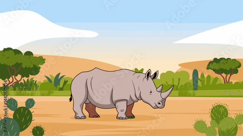 A colorful vector illustration featuring a rhinoceros standing in a vibrant desert environment with cacti and shrubs. Ideal for wildlife and conservation themes.
