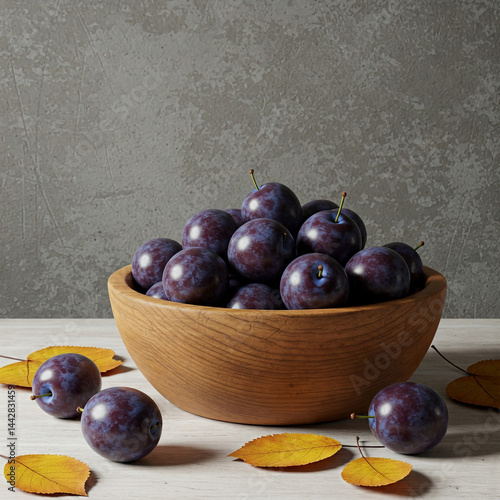 Fresh Juicy Red Plums in Rustic Wooden Bowl on White Wooden Table – High-Resolution Organic Fruit Image for Healthy Eating, Culinary Projects, and Natural Food Concepts