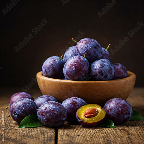 Fresh Juicy Red Plums in Rustic Wooden Bowl on White Wooden Table – High-Resolution Organic Fruit Image for Healthy Eating, Culinary Projects, and Natural Food Concepts