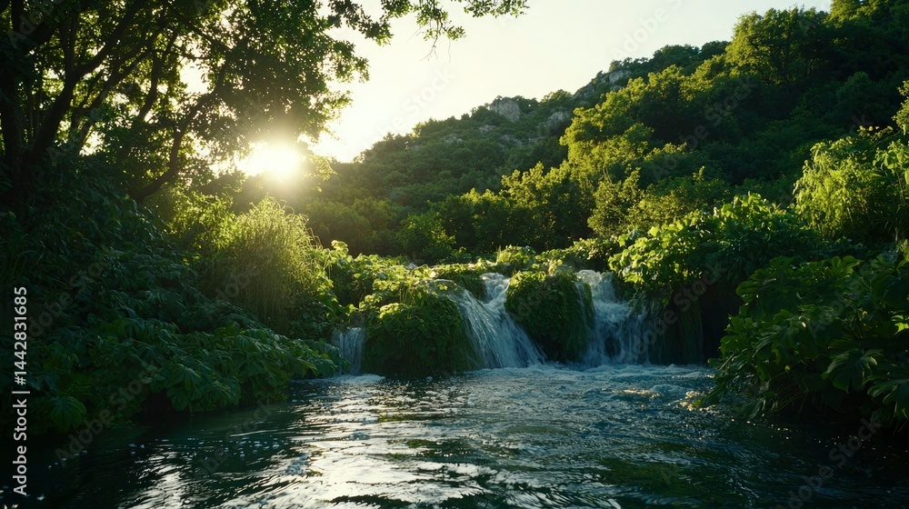 Naklejka premium Lush waterfall cascading through trees