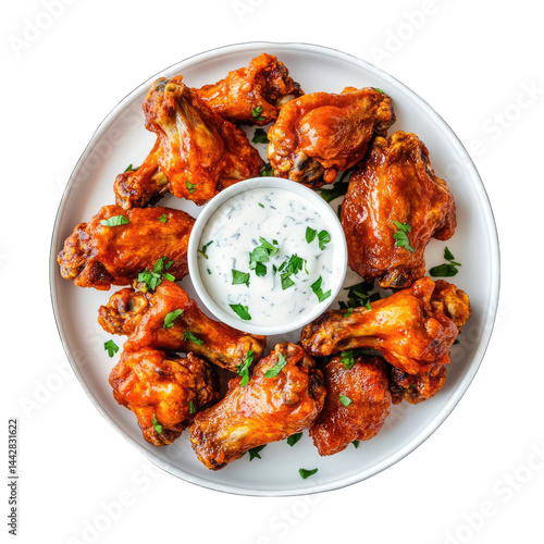 Overhead view of buffalo chicken wings with ranch dressing on white plate