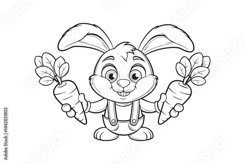Line art illustration of a rabbit juggling with carrots.eps