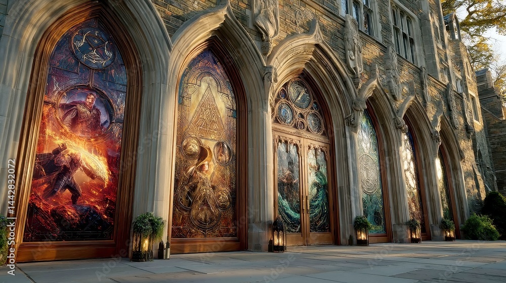 Fototapeta premium Majestic Entrance to Arcane Academy, showcasing towering stained glass windows illustrating legendary mages and epic ancient battles, inviting exploration and wonder.