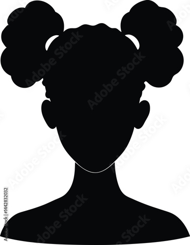 Silhouette of a girl with curly hair in space buns hairstyle, isolated on white
