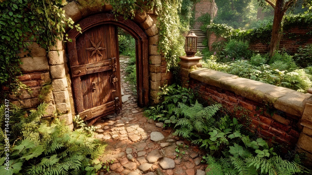 Naklejka premium Garden Entrance to Arcane Academy, lush greenery entwined with overgrown vines, unveiling an ornate golden gate, a serene park setting inviting exploration and discovery.