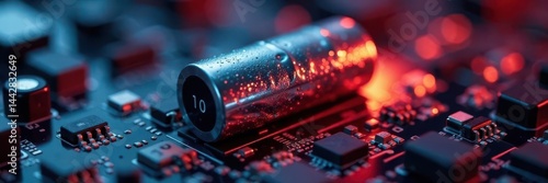 Close-up of a ruptured electrolytic capacitor, desktop, defective