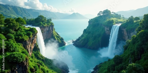 Lush vegetation, waterfalls cascade down, islands float on mist , enchanting, majestic, awe-inspiring