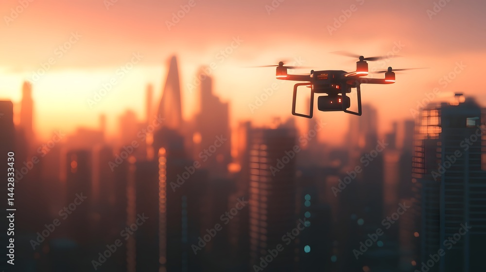Drone Delivering Package over City Skyline Drone Delivering Package over City Skyline