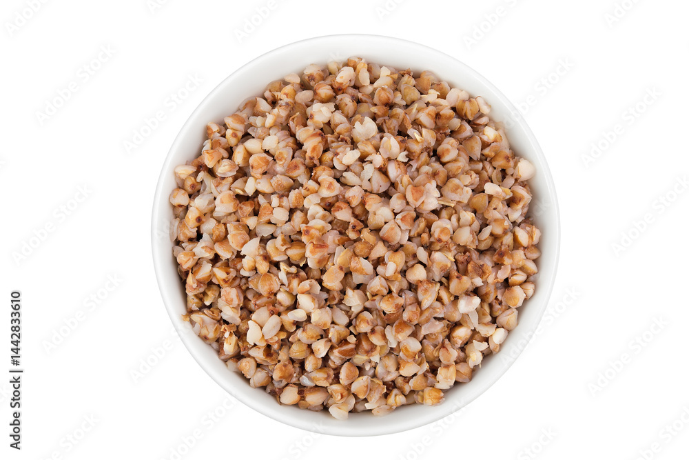 Boiled buckwheat in a ceramic bowl isolated on white background. Top view. Flat lay Boiled buckwheat in a ceramic bowl isolated on white background. Top view. Flat lay