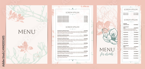 Elegant food and drinks menu designs. Restaurant menu template. Beautiful vector A4 format with high quality flowers for print and online usage. Pastel hand drawn line art magnolia illustrations.