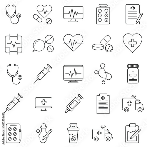 Medical Icons Collection Featuring Outlined Healthcare Symbols in a Grid Including Pills, Hospital, Diagnosis, and Emergency Elements on White Background