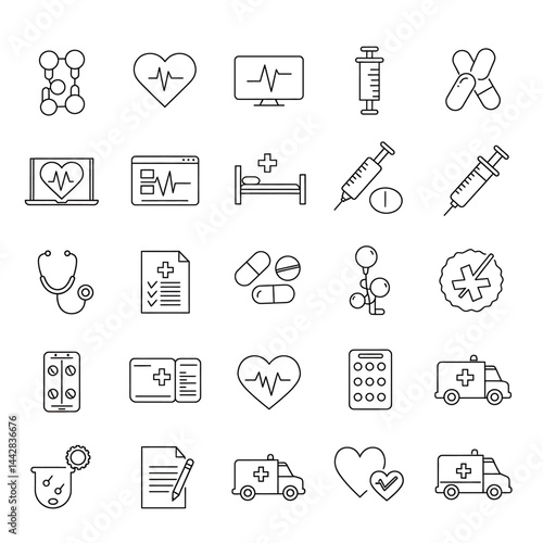 Healthcare Line Icons Set with Medical Symbols Like Heartbeat, Syringe, Ambulance and Stethoscope Aligned in a Clean Organized Vector Layout