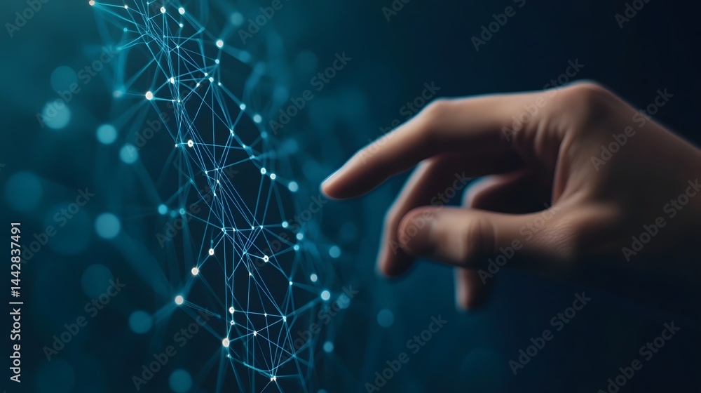 Futuristic digital interface with hand pointing at network connections representing and innovation