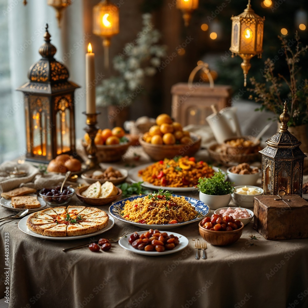 Festive Feast: A vibrant tableau of culinary delights adorns a beautifully arranged table, laden with a rich assortment of savory dishes, desserts, and festive decor. perfect for food photography. Festive Feast: A vibrant tableau of culinary delights adorns a beautifully arranged table, laden with a rich assortment of savory dishes, desserts, and festive decor. perfect for food photography.