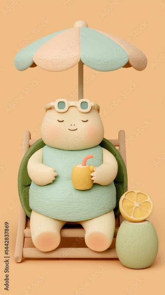 Obraz premium Adorable cartoon turtle wearing sunglasses, lounging on a beach chair under a pastel umbrella with a coconut drink, perfect for summer holiday and tropical vacation themes