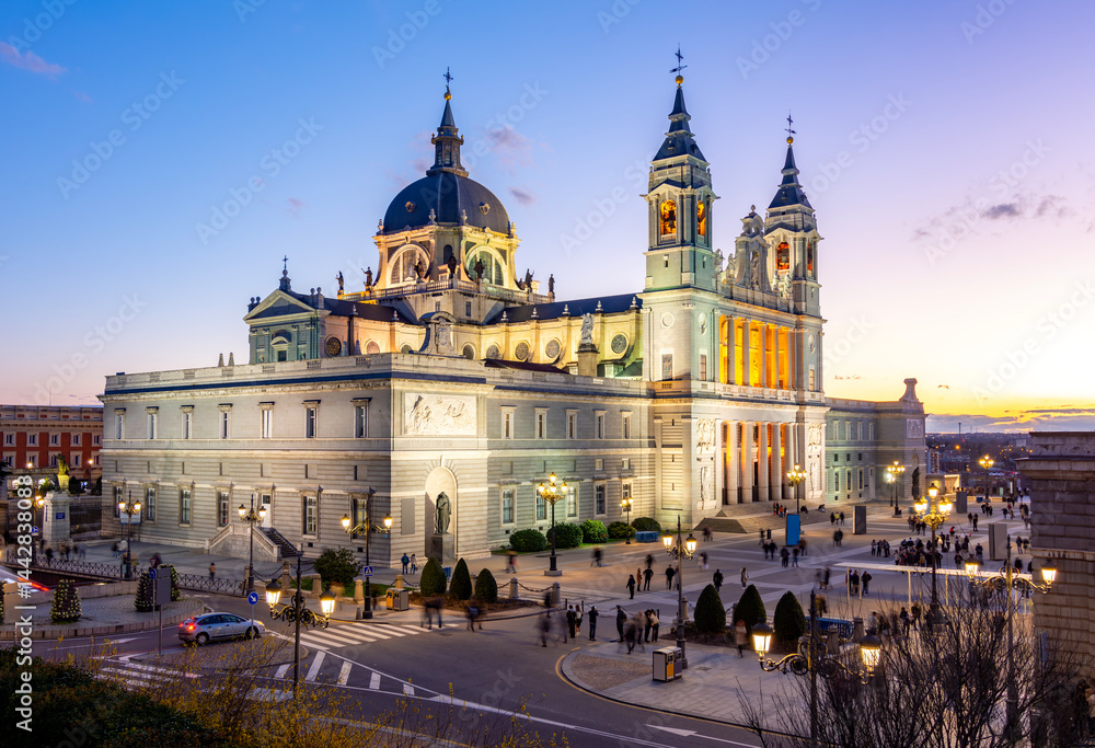 La Almudena (Royal cathedral) on Armeria square at sunset, Madrid, Spain