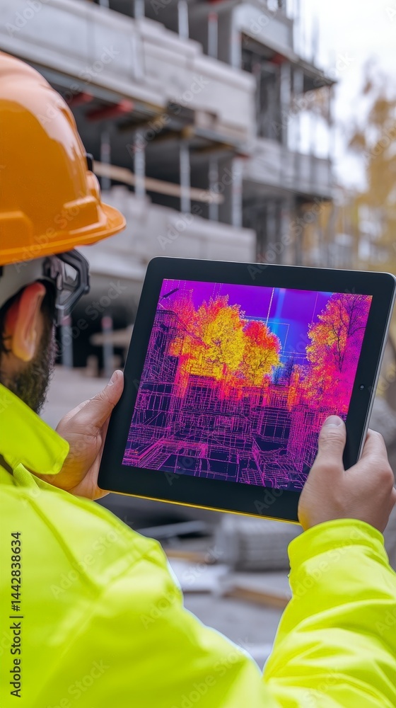 Industrial Worker Using Thermal Imaging Camera on Tablet