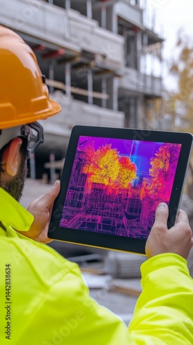 Obraz na płótnie Industrial Worker Using Thermal Imaging Camera on Tablet w salonie