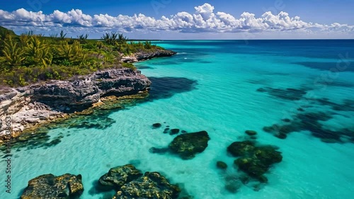 Wallpaper Mural Experience stunning ocean views with vibrant turquoise waters and rocky formations. Ideal for travel and nature videos. Captivating and refreshing for viewers. Generative AI Torontodigital.ca