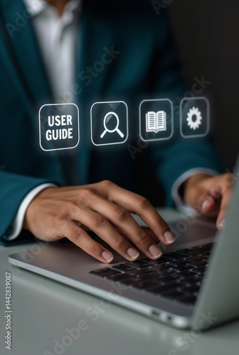 Businessman using laptop with virtual user guide icon for business service. User manual guide, Online instruction manual and strategy advice.