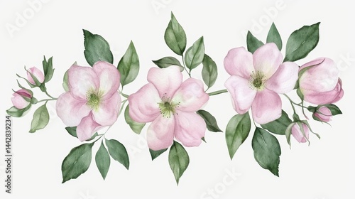 Delicate pink floral arrangement with green leaves on white background